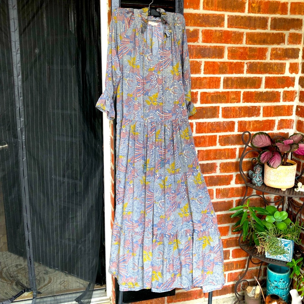 Paani Boho Metallic Abstract Print Tiered Maxi Flowy Dress- Size S